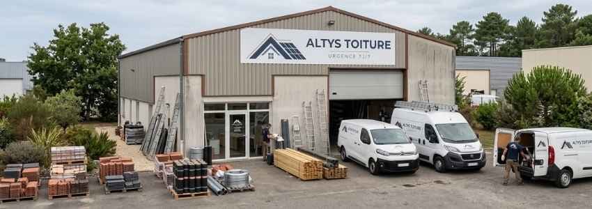 Le local d’Altys Toiture La Teste-de-Buch : entrepôt logoté, fourgons, échelles et stock de tuiles et de liteaux